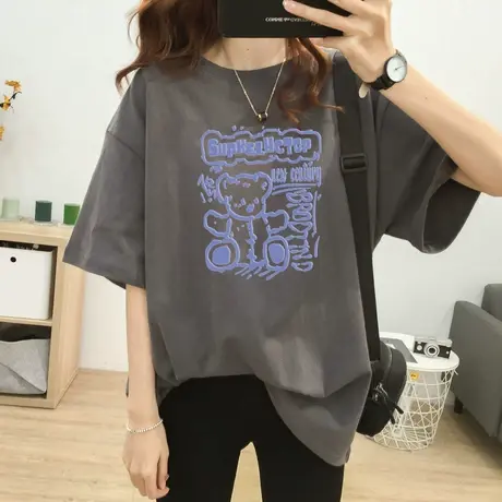 纯棉短袖oversizet恤女大码宽松设计感小众半袖体恤胖mm炸街上衣商品大图