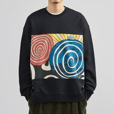 奕飏撞色拼接圆领男士卫衣2022春秋季新款潮流黑色简约无帽套头衫商品大图