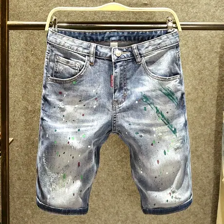 个性点墨牛仔五分裤男潮流百搭修身中裤潮牌磨破车缝设计短裤男夏图片