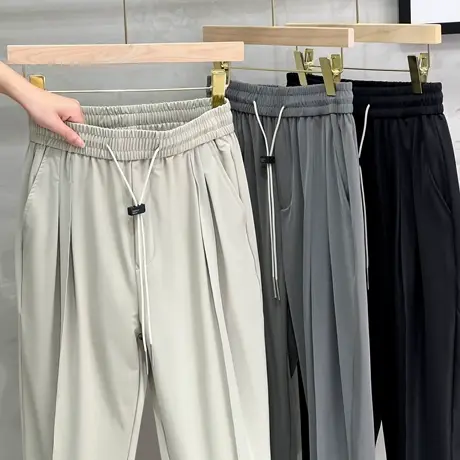 夏季薄款垂感双褶松紧腰小西裤男九分宽松直筒百搭裤子男士休闲裤商品大图