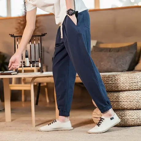 亚麻九分裤男2019新款夏季刺绣大码休闲裤宽松中国风男装棉麻裤子商品大图