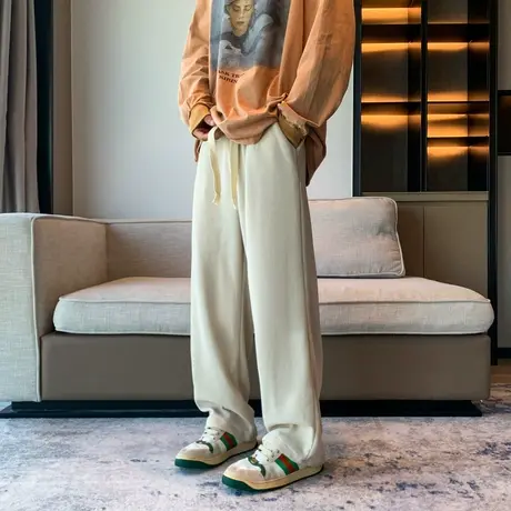 日系cityboy裤子男秋冬加绒加厚直筒灯芯绒男裤垂感米白色阔腿裤商品大图