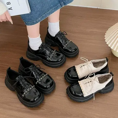 高跟单鞋女2023年秋冬新款网红超火百搭英伦风复古厚底链条小皮鞋商品大图