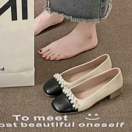 气质小香风单鞋女夏季2024新款法式珍珠温柔晚晚鞋一脚蹬方头女鞋商品大图