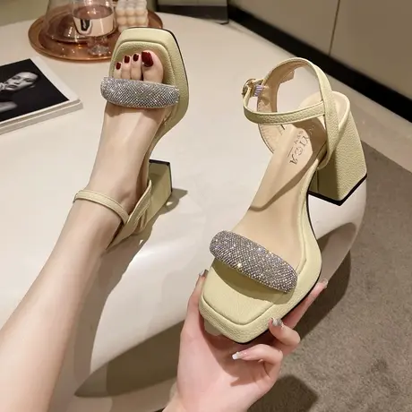 小众方头时装凉鞋女粗跟防水台一字带女鞋2024年夏季新款超高跟鞋商品大图