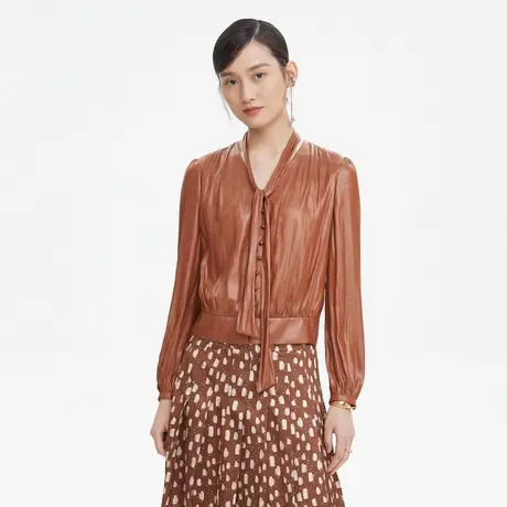 LANCY/朗姿秋季新款圆领长袖气质短款宽松衬衫女装短外套女奥莱商品大图