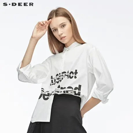 sdeer圣迪奥冬季女装休闲翻领撞色字母长袖纯白长袖衬衫S19480512图片