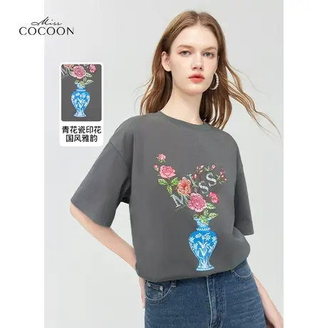 【秋上新】missCOCOON新中式印花上衣2023秋季新款女正肩短袖T恤图片