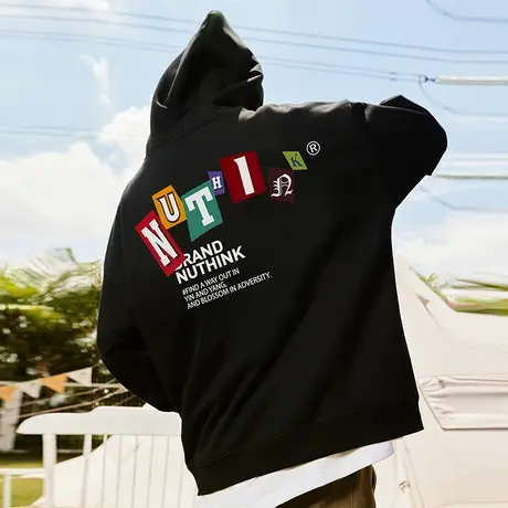 Nuthink美式潮牌重磅420g字母连帽卫衣男春季加绒加厚宽松外套潮商品大图