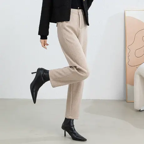 白色毛呢裤子女秋冬2024新款加厚羊毛女裤冬季休闲九分萝卜哈伦裤商品大图