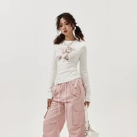 YEP白色印花紧身长袖T恤女2024年春夏新款内搭复古辣妹风短款上衣商品大图