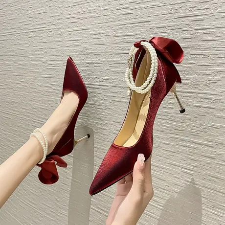 酒红色高跟鞋女细跟2024年新款尖头细跟珍珠一字带单鞋婚鞋新娘鞋商品大图