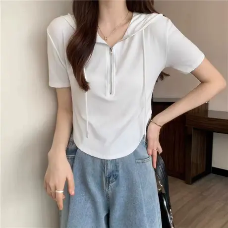 短袖t恤女2024夏季新款小众设计感时尚拉链连帽不规则短袖上衣潮商品大图