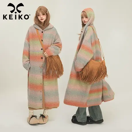 KEIKO 彩虹渐变色连帽长款针织开衫冬季慵懒风软糯宽松毛衣外套图片