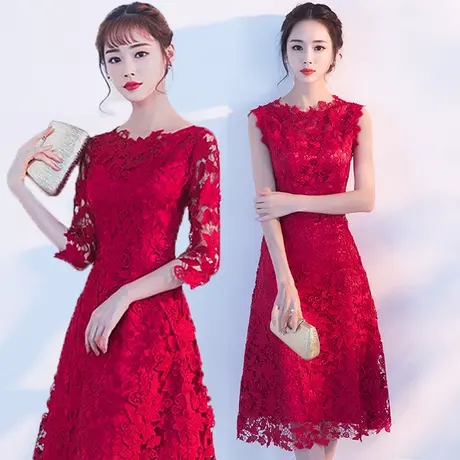 酒红色敬酒服新娘2023新款夏季平时可穿结婚订婚连衣裙女回门礼服商品大图