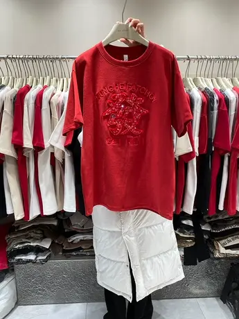 2024龙年新年t恤女重工刺绣发字春秋季加厚磨毛短袖欧货大版洋气商品大图