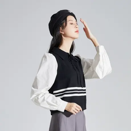 唐狮2023秋冬新款衬衫女拼接假两件长袖针织衫短款上衣学院风1.19图片