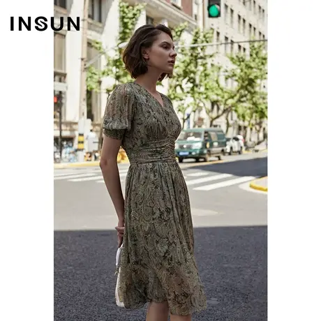 INSUN恩裳夏季印花复古收腰法式v领连衣裙图片