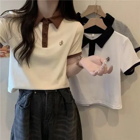 小个子短款撞色POLO领短袖T恤女早春夏装修身显瘦半袖上衣服潮ins商品大图