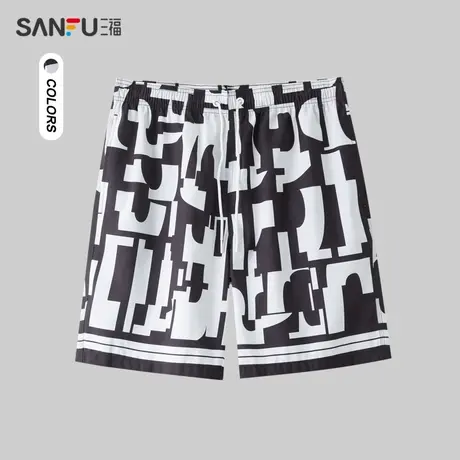 三福2024夏季男士满版图案短裤 休闲宽松橡筋腰裤子男482871商品大图