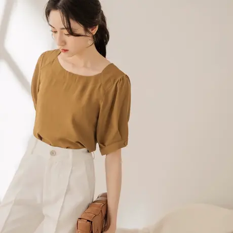 桔熊夏季通勤气质小衫纯色舒适泡泡短袖上衣女胖妹妹大码AB16810图片