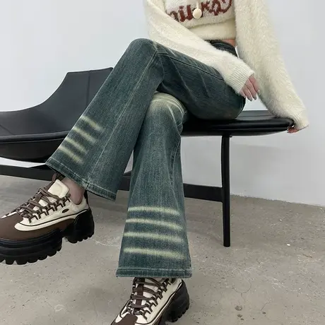 复古拼接微喇牛仔裤女春秋季美式高腰修身显瘦水洗喇叭马蹄拖地裤商品大图