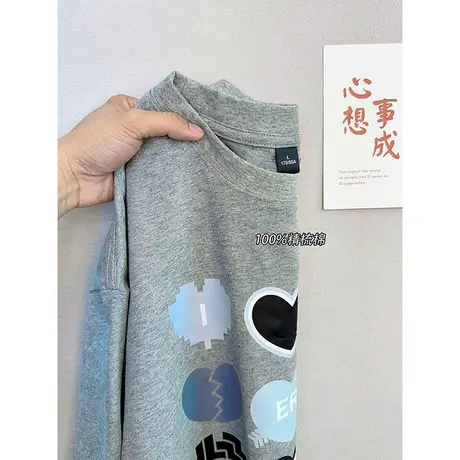 纯棉设计感爱心印花短袖t恤女夏季宽松复古港味chic上衣半袖体恤商品大图