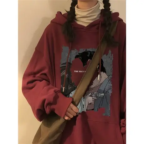 美式复古hiphop连帽卫衣女秋冬加绒加厚小众设计感宽松慵懒风上衣商品大图