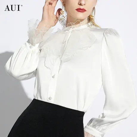 AUI白色气质宫廷风衬衫女2024春秋新款泡泡袖缎面上衣高级感衬衣商品大图