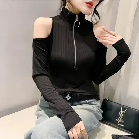 时尚拉链翻领T恤女长袖春装2024新款性感漏肩气质修身上衣打底衫图片