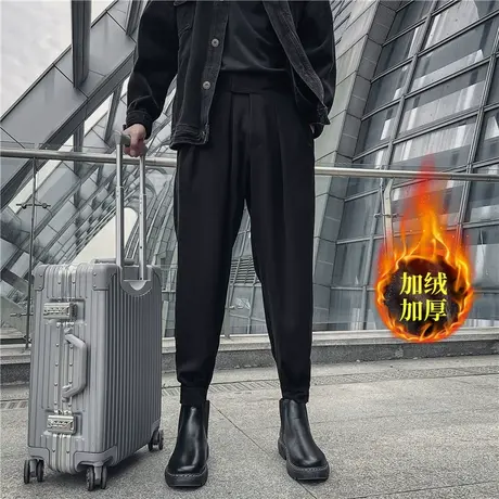 魔术贴粘粘裤 加绒西裤男 配马丁靴冬季厚款黑色休闲束脚西装裤子商品大图