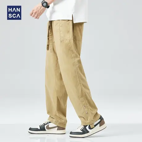 hansca纯棉休闲裤男直筒宽松青少年春季日系潮牌运动抽绳工装裤子商品大图