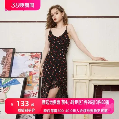 妖精的口袋黑色草莓碎花吊带连衣裙女2023夏季新款性感显瘦裙子潮商品大图