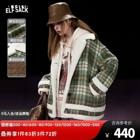 妖精的口袋拼接格纹毛呢外套女2023冬季新款小个子宽松呢子大衣图片