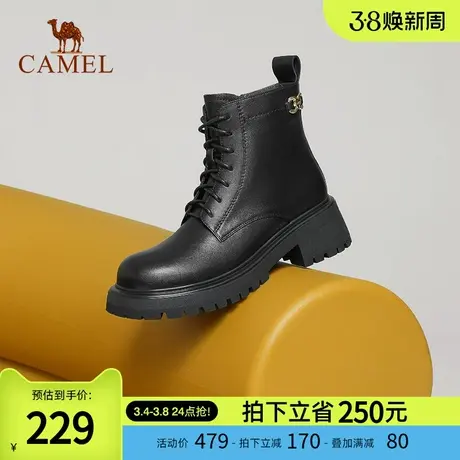 骆驼女鞋2024春秋新款黑色厚底马丁靴时尚休闲机车靴轻盈时装靴女商品大图