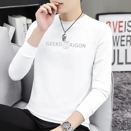 重磅纯棉小熊t恤男长袖白色上衣服潮流宽松全棉体恤内搭打底衫男商品大图