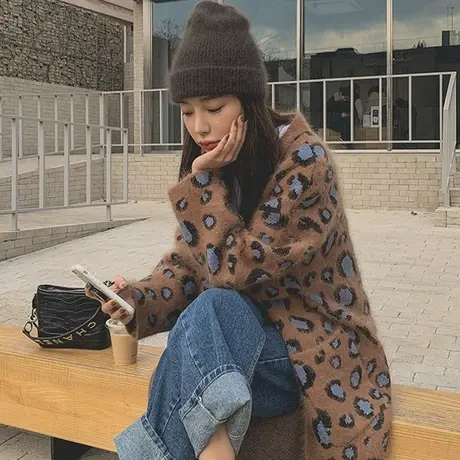 新款豹纹针织开衫女过膝长款韩版宽松大码海马毛休闲时尚毛衣外套商品大图