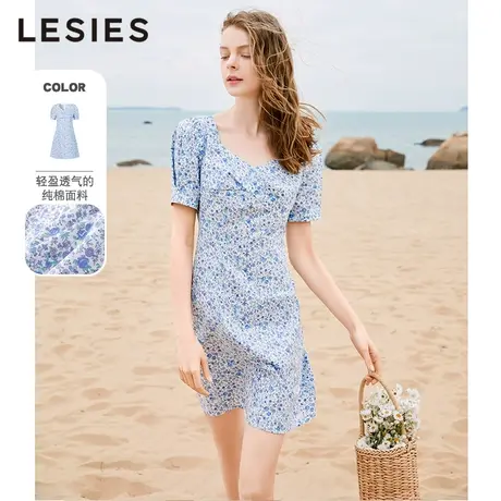 蓝色倾情夏新款女秋 法式泡泡袖修身纯棉碎花连衣裙气质茶歇裙图片