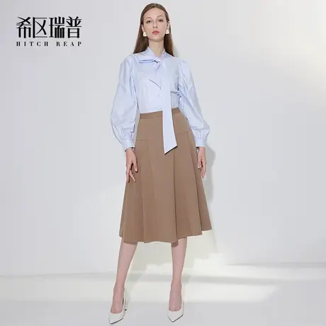 希区瑞普高级感不规则裙子2023秋季新款高腰侧压褶遮胯A字半身裙图片