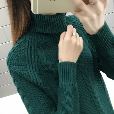 高领毛衣秋装女2023年新款墨绿色女士宽松针织套头两翻领打底衫女商品大图