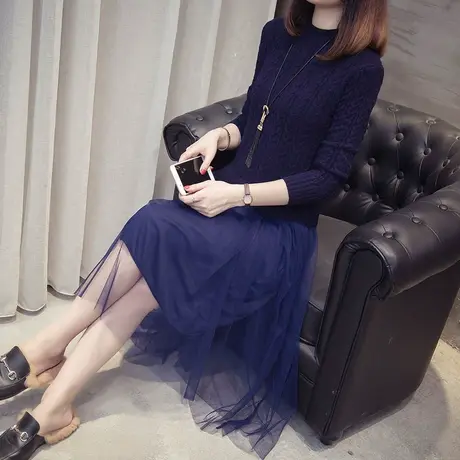 秋装新款毛衣裙修身打底衫网纱裙假两件套头毛衣秋冬中长款针织衫图片