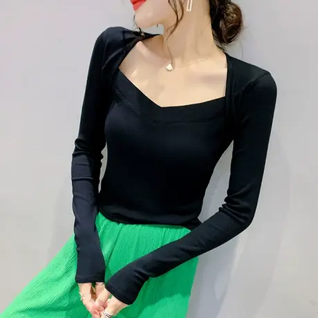 欧货方领打底衫女春秋2023新款修身百搭T恤长袖纯欲风气质上衣潮图片