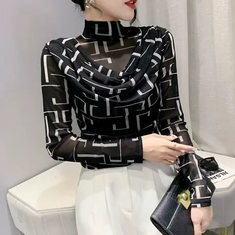 半高领打底衫女士妈妈装减龄气质网纱长袖T恤春装别致修身上衣ins商品大图