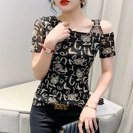 性感露肩网纱T恤女短袖欧货字母印花上衣紧身洋气小衫个性半袖夏商品大图