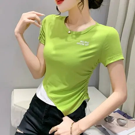 时尚假两件拼色T恤女短袖欧货设计感小众上衣高腰短款开叉小衫潮商品大图