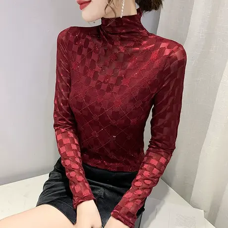 半高领蕾丝打底衫女春秋新款欧货洋气烫钻上衣内搭修身长袖小衫潮图片