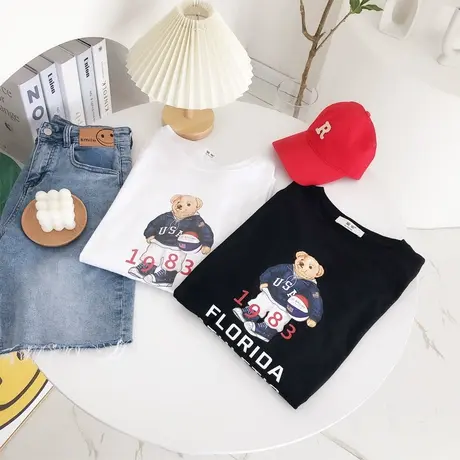 ins美式复古字母篮球小熊T恤2022春夏新款学院风宽松短袖上衣大码图片