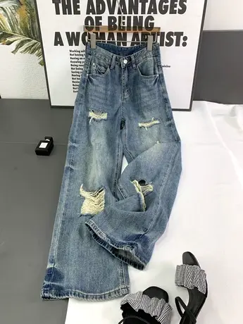 韩国高腰破洞牛仔阔腿裤女2023夏季新款显瘦宽松垂感直筒休闲长裤图片