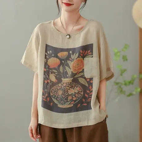 dza复古印花亚麻短袖T恤女2023夏薄圆领打底体恤宽松棉麻套头上衣商品大图