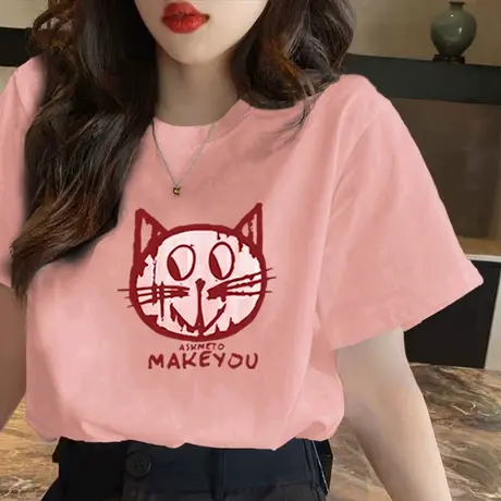 大头猫短袖T恤女基础款正肩纯棉夏装2023年新款宽松显瘦半袖上衣图片